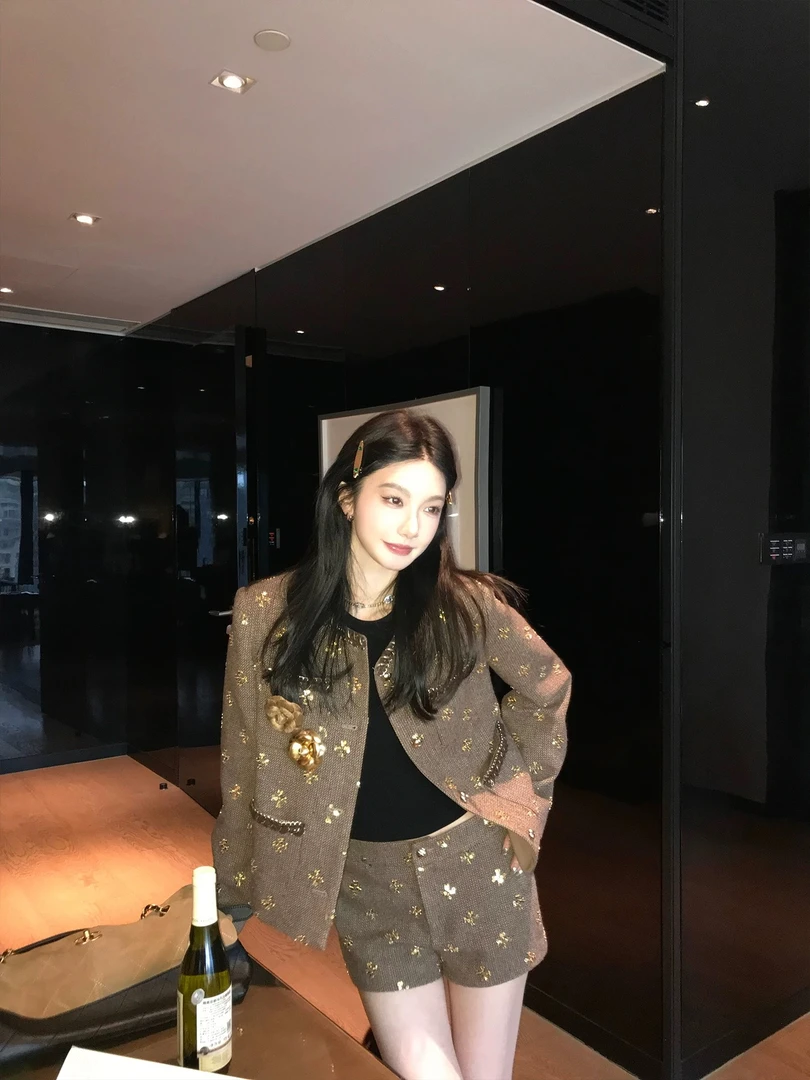 富家千金感小香风套装亮片百搭外套早秋短裤气质名媛高端两件套女