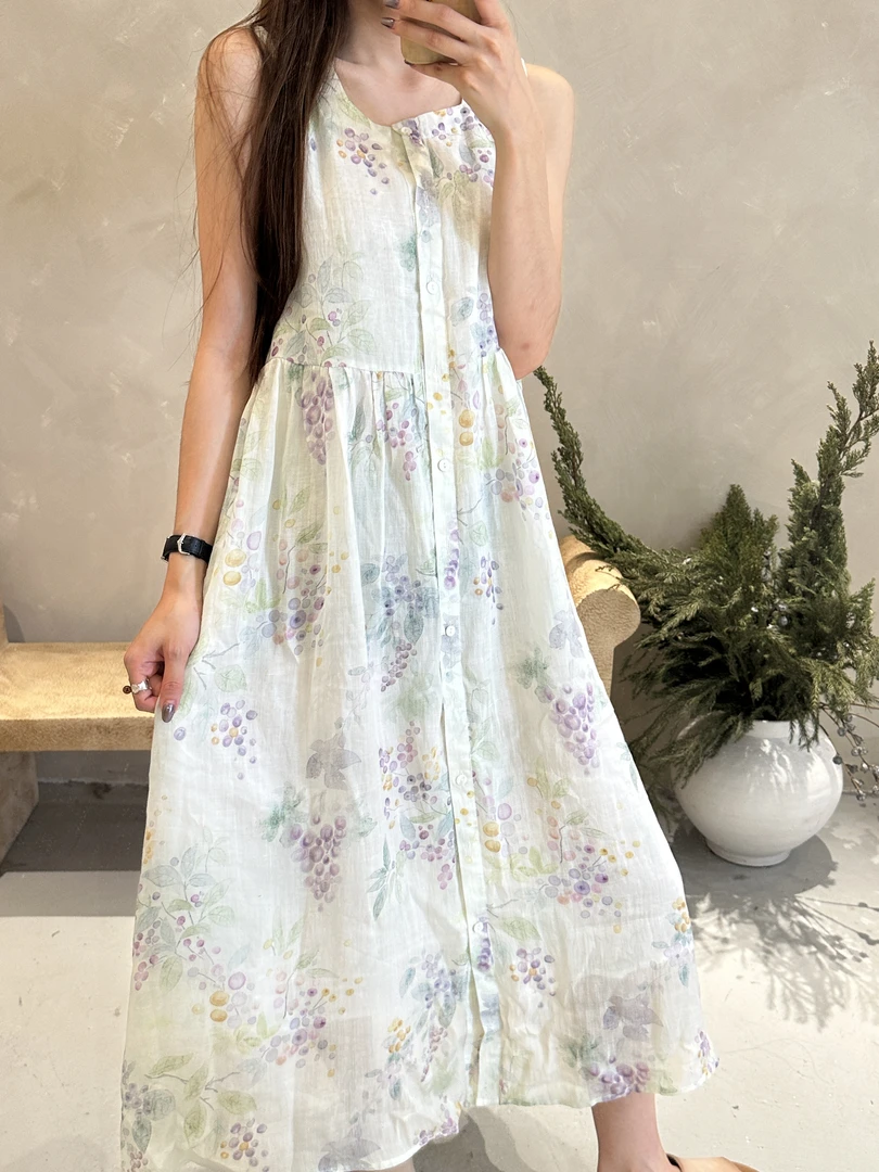 苎麻双层国风无袖植物花卉背心裙连衣裙