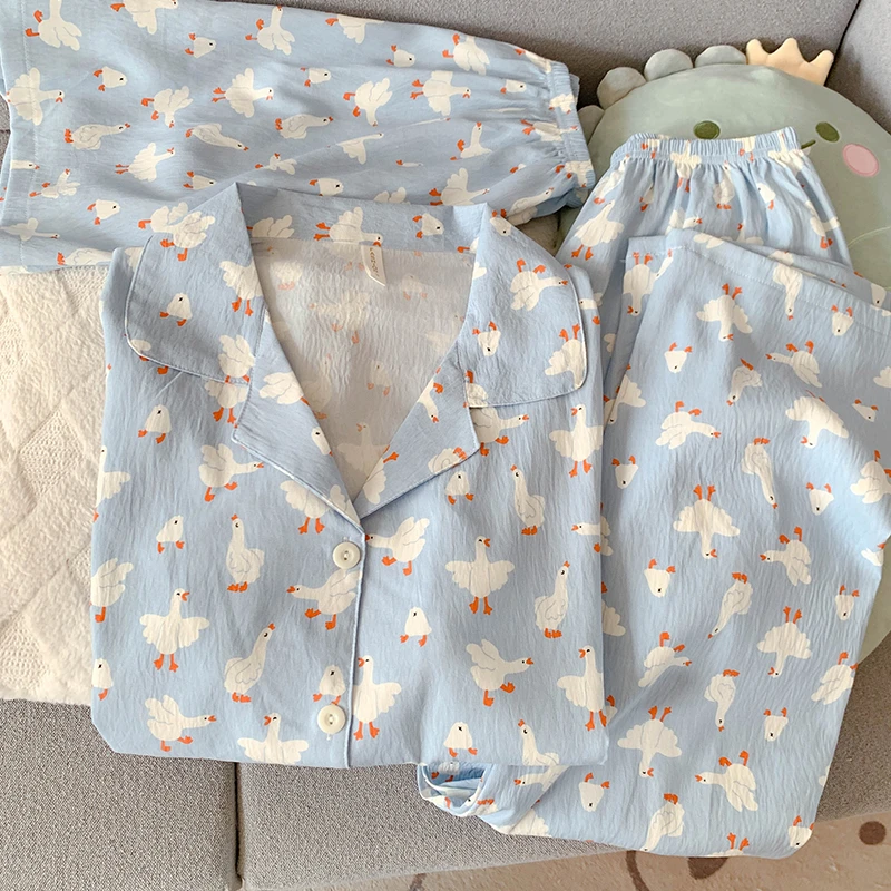 【大白鹅】卡通可爱睡衣女短袖短裤夏季薄款家居服甜美少女三件套装