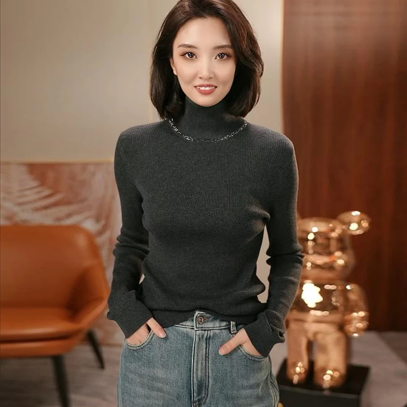【高定品质打底】春款精纺绵羊毛 烫钻高领针织衫 ZYY