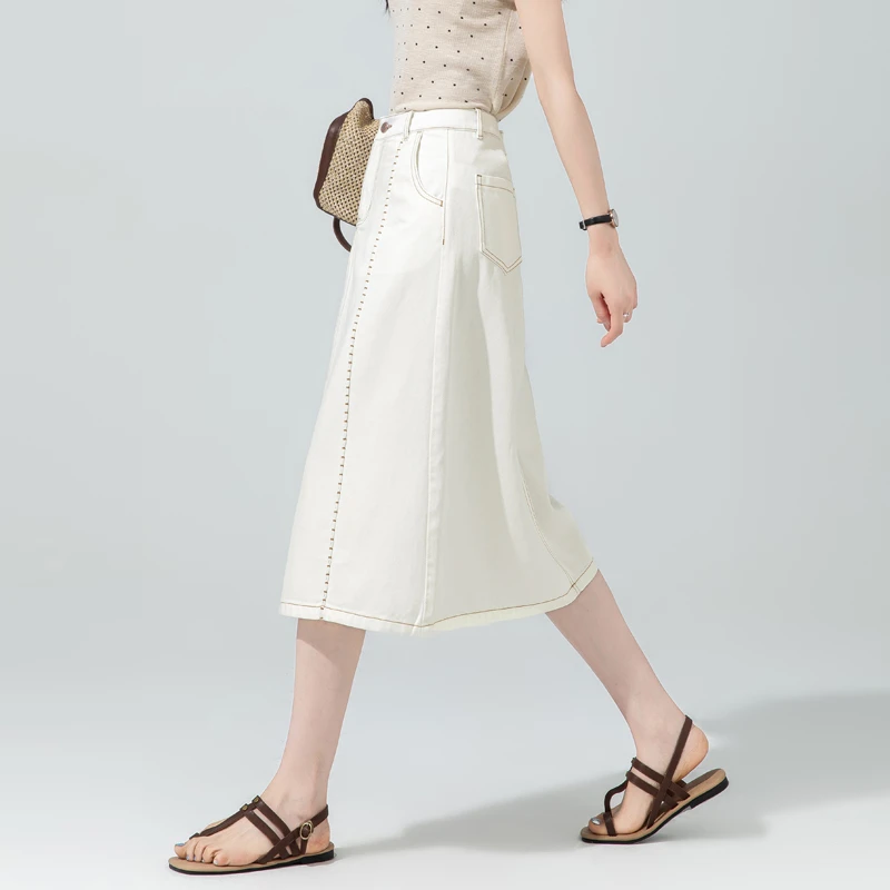 法式白色裙子高级感天丝半身裙女2025新款夏季薄款a字牛仔七分裙
