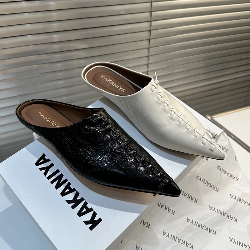 头层牛皮女鞋低跟舒适包头拖2025年新款尖头拖鞋女时尚百搭编织鞋