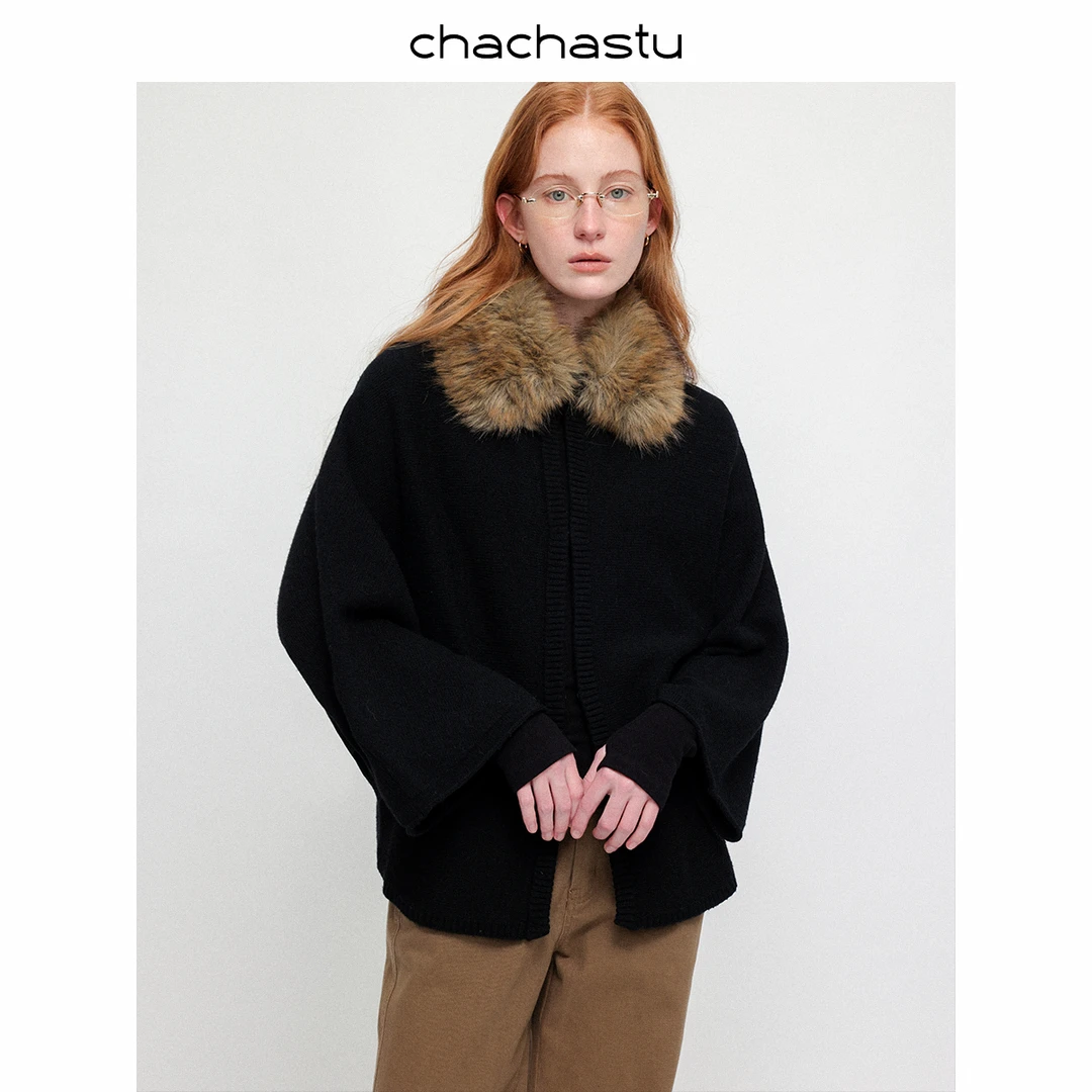 CHACHASTU秋冬氛围感毛领纯色中长款针织外套外套宽松显瘦C25H03