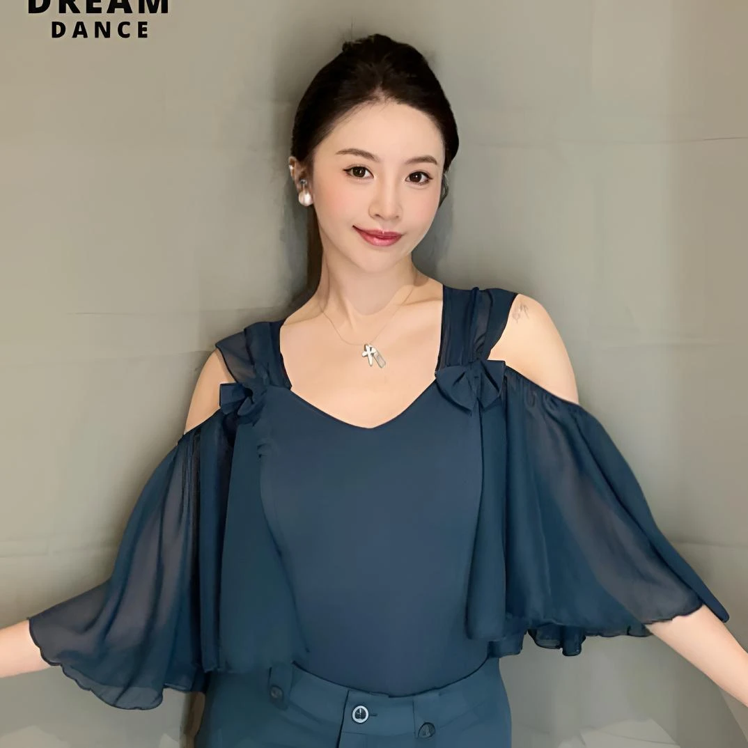 DM DANCEWEAR 国标舞服 ｜夏日春山 ｜短袖雪纺衫 一字肩显瘦