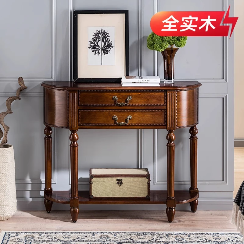 美式全实木半圆玄关桌门厅入户玄关台客厅复古玄关柜靠墙过道柜