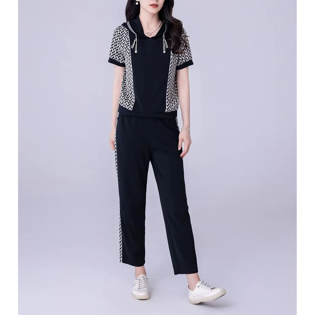 连帽洋气时尚短袖T恤拼接印花长裤套装A14941