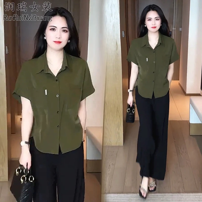 夏季极简风妈妈时尚套装女2025新款宽松显瘦短袖衬衫阔腿裤两件套