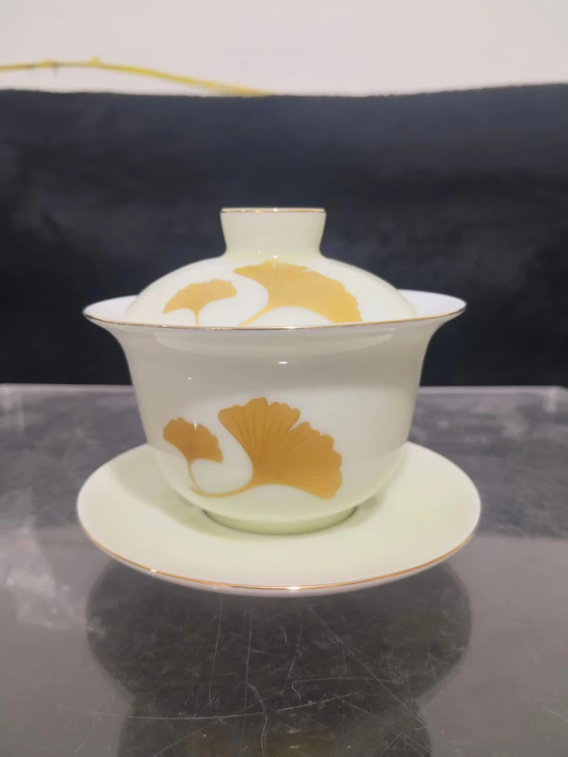 青瓷描金银杏叶三才盖碗家用精致个人专用茶碗0732