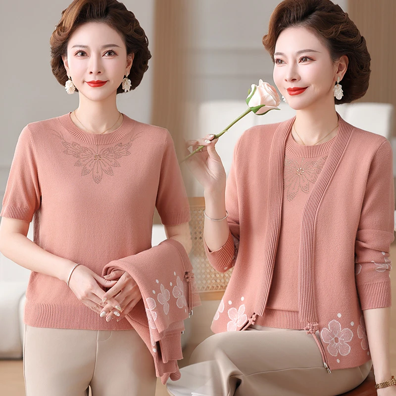 妈妈春装新款外套40岁50中年妇女长袖上衣中老年人针织两件套气质