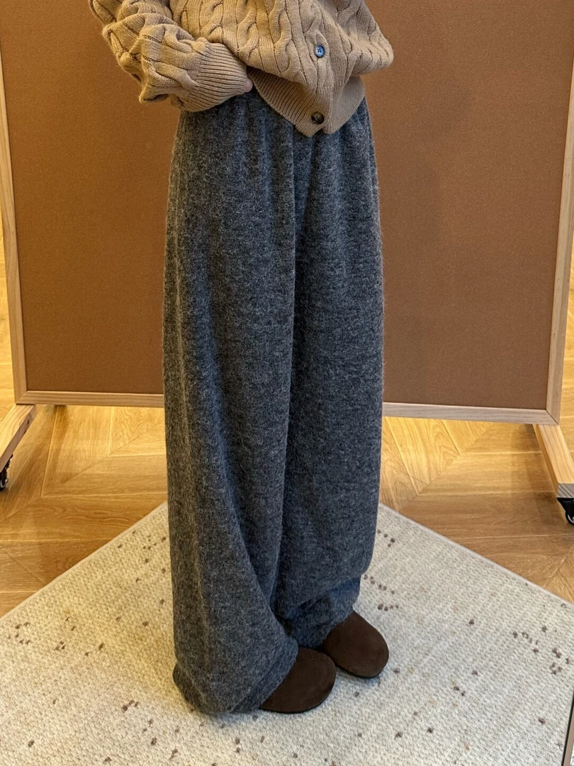 休闲复古加厚圈圈毛呢阔腿裤女秋冬新款时尚慵懒气质宽松直筒裤子