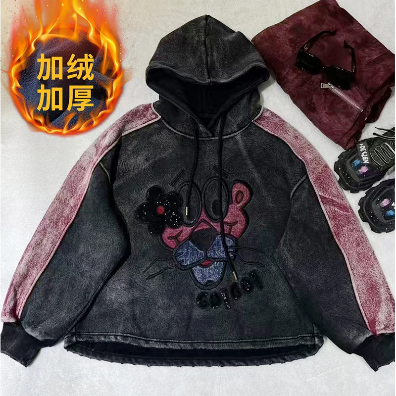 卫衣女加绒欧货新款2024秋冬连帽衫重工潮牌宽松大码时尚外套带帽