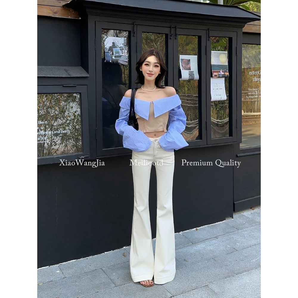 小王家/MEILI杏色牛仔裤女2025春季新款高腰显瘦修身时尚微喇裤子