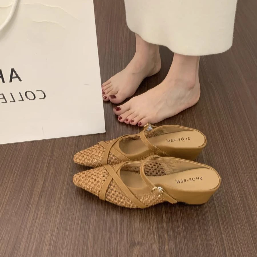 晚晚风透气镂空包头半拖鞋女外穿夏季内增高玛丽珍尖头穆勒鞋凉拖