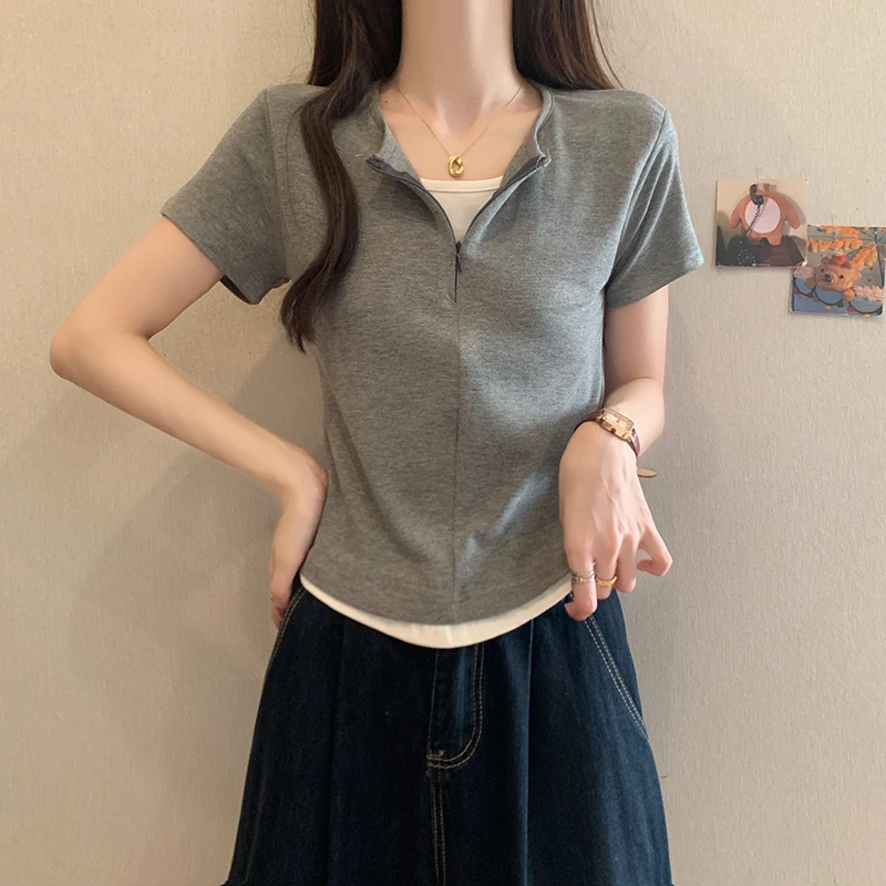 yoewshean/羽媗假两件短袖T恤上衣女运动设计修身褶皱收腰半拉链