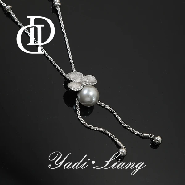 坠链均925银 梁雅帝新品【三叶花朵施华洛珠珠】时尚抽拉纯银项链