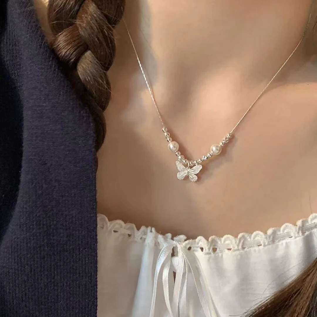 合金项链 2025款珠珠蝴蝶项链温柔小众设计高级简约百搭礼物坠链