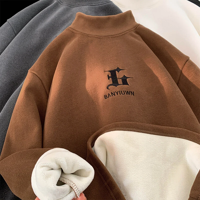 DC5347港风潮牌冬季加绒情侣百搭半高领德绒刺绣保暖打底卫衣