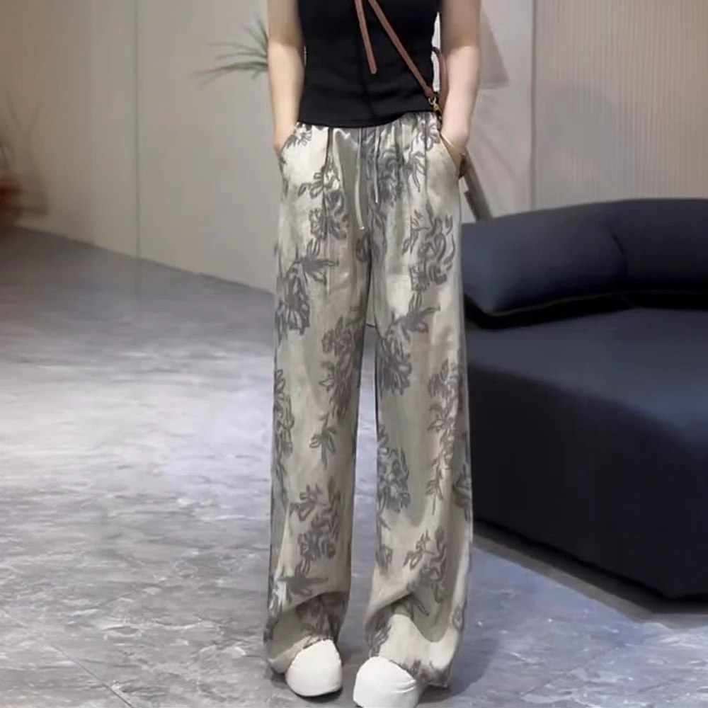 复古国风水墨印花阔腿裤女2025夏季新款高腰宽松显瘦直筒拖地裤子