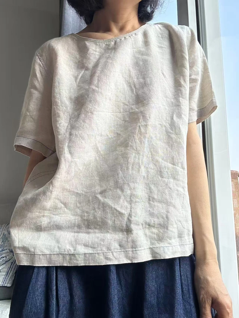明显亚麻夏季短袖T恤休闲圆领简约上衣