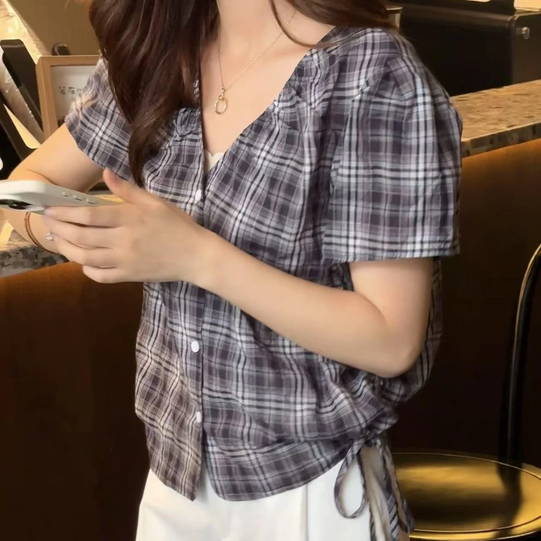 Barbie Siyu【含羞草】3983夏季V领抽褶系带洋气单排扣短款小衫