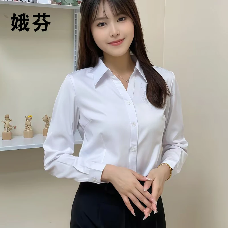 v领衬衫女长袖职业春季新款气质工装正装工作服免烫面试白色衬衣