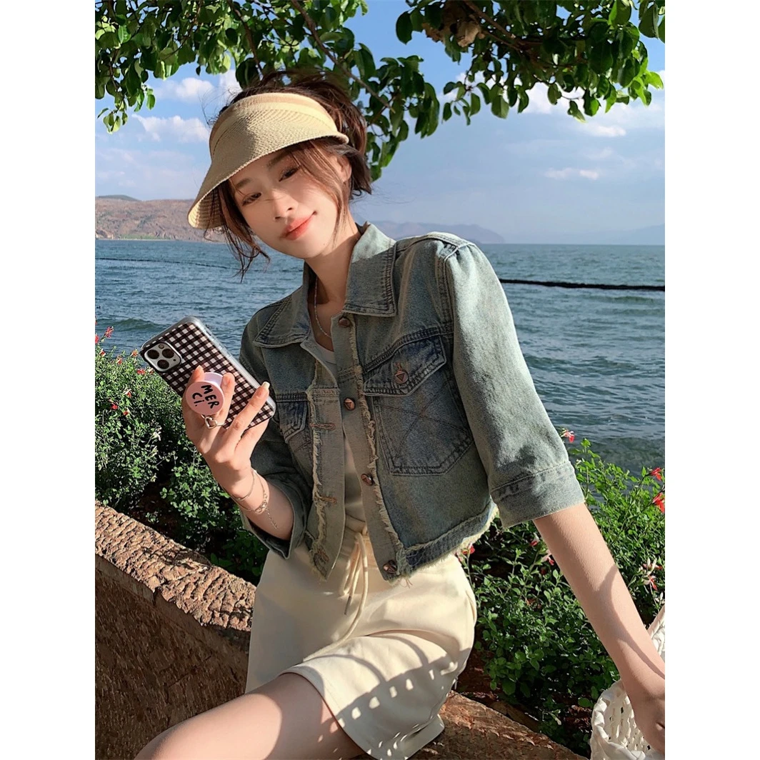 复古翻领春秋洋气牛仔外套女夏新款百搭休闲牛仔短袖衬衫上衣夏季