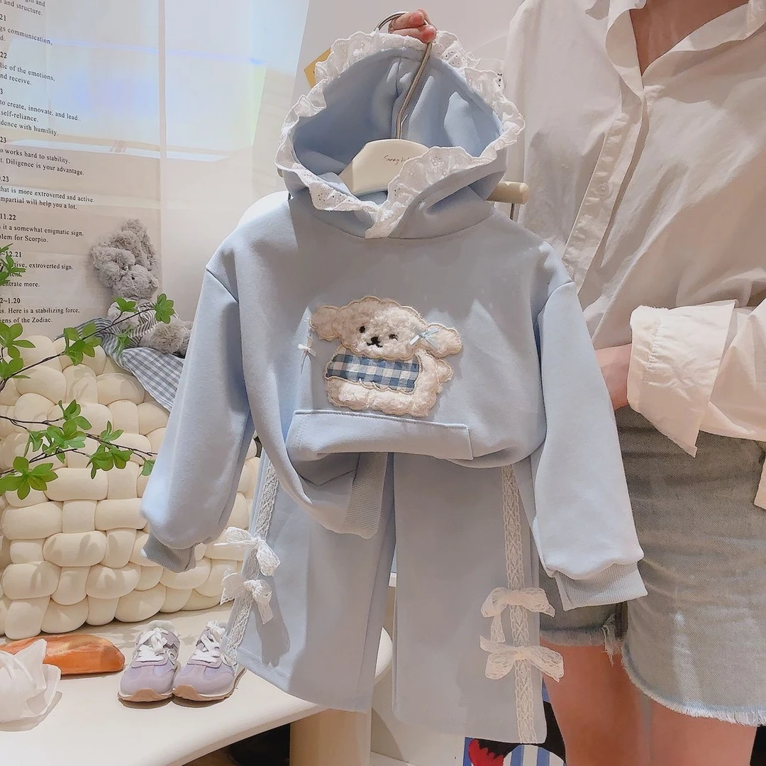 秋冬新品女童套装春秋款新洋气女宝宝秋装中大童花边连帽卫衣
