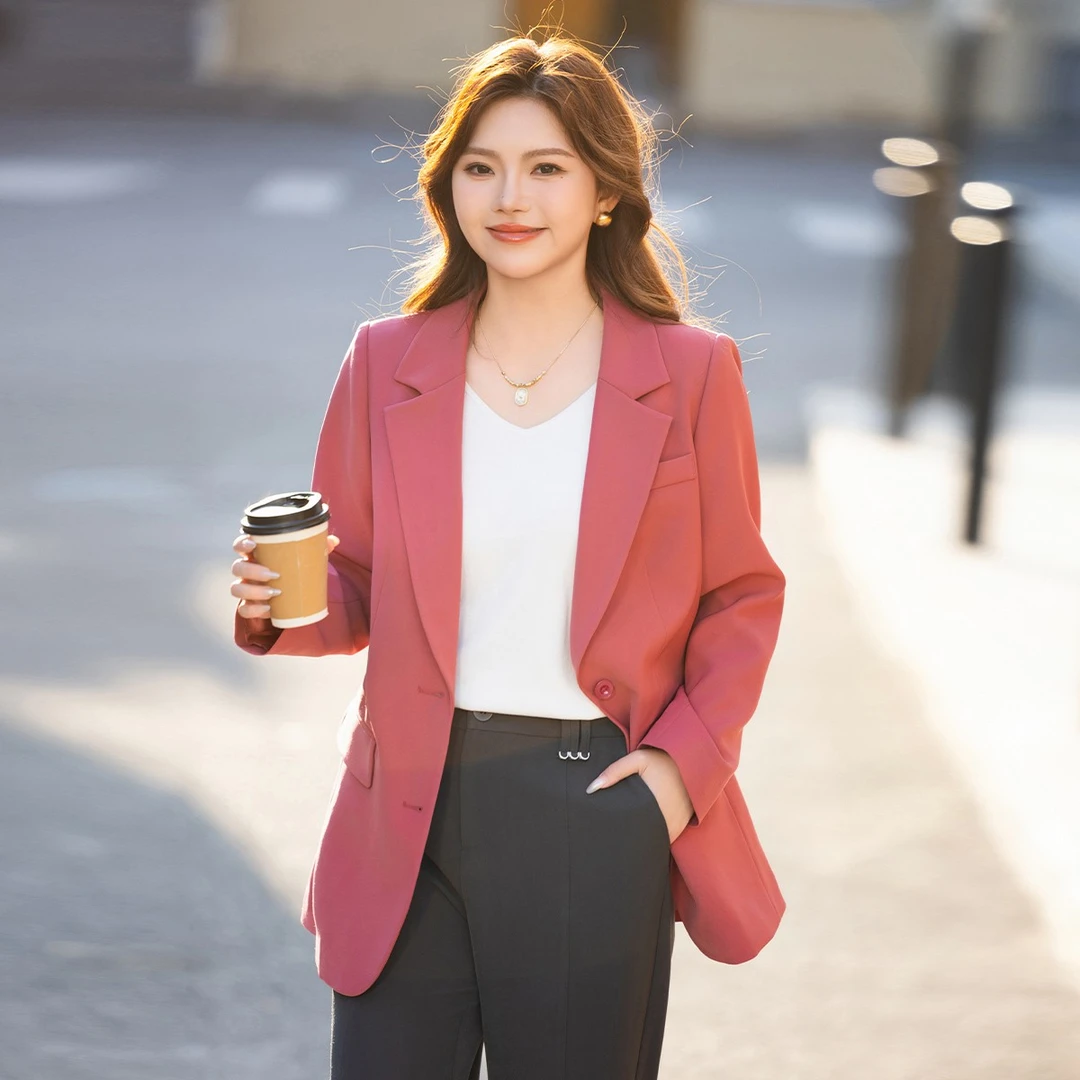 【现货-秋季新品】MsShe大码女装系扣梭织斜纹西装外套S~M2402076