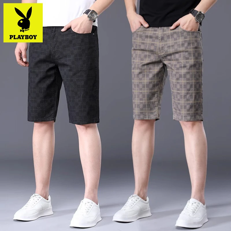 花花公子冰丝格子休闲短裤五分夏季薄款纯棉修身直筒短裤男款夏季