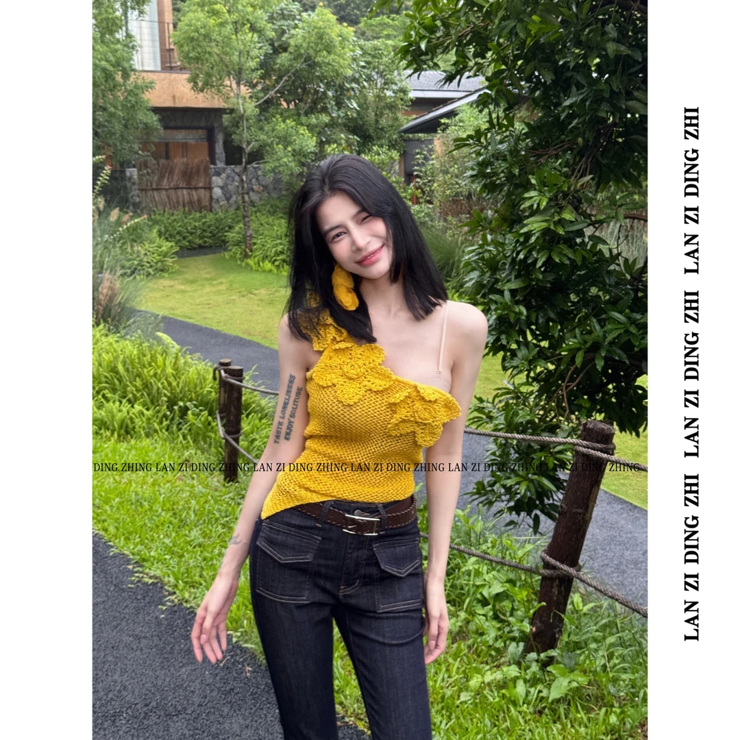 「江南烟雨色」甜辣镂空无弹力气质斜肩设计感小个子重工钩花上衣