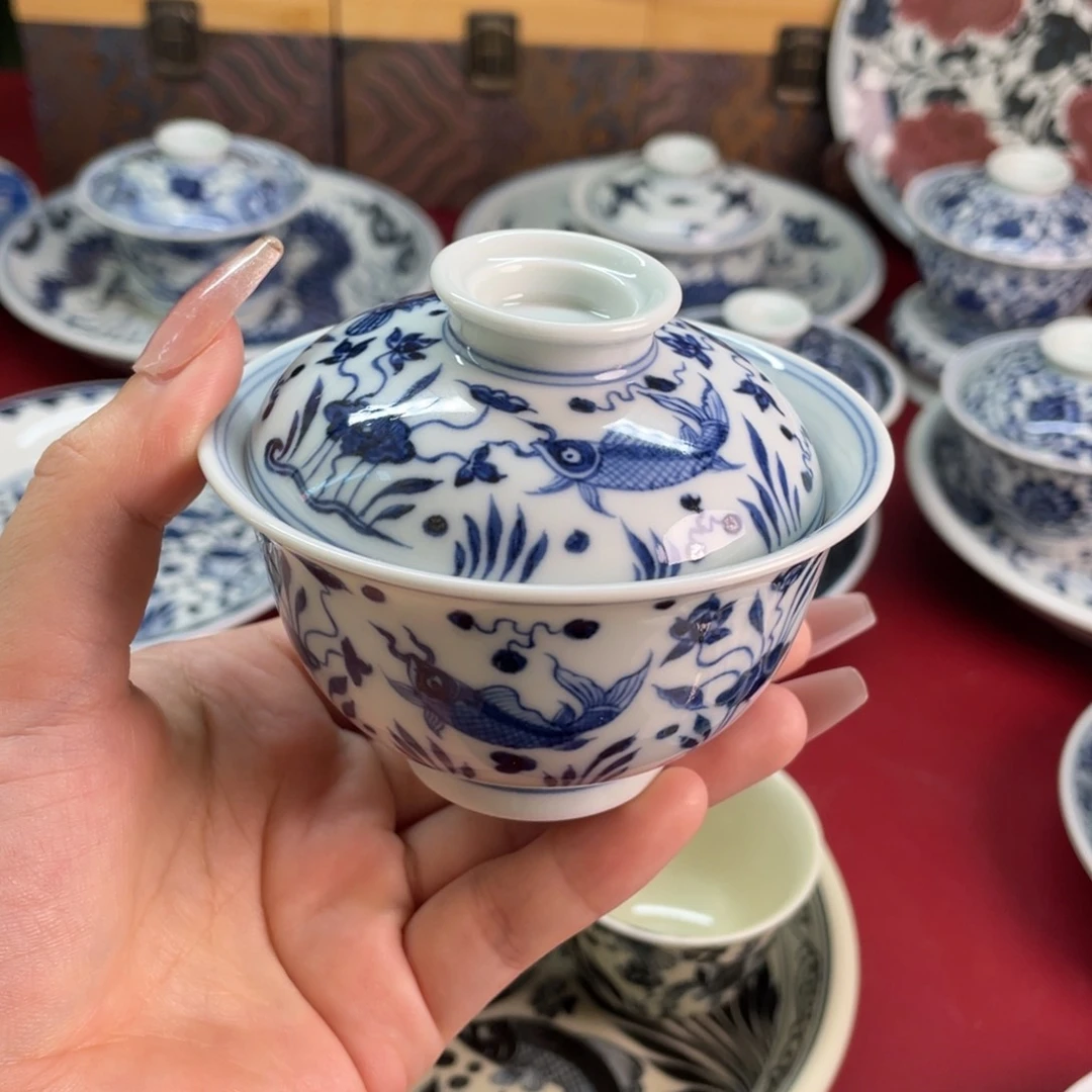 盛**玩11景德镇青花微瑕鱼藻盖碗