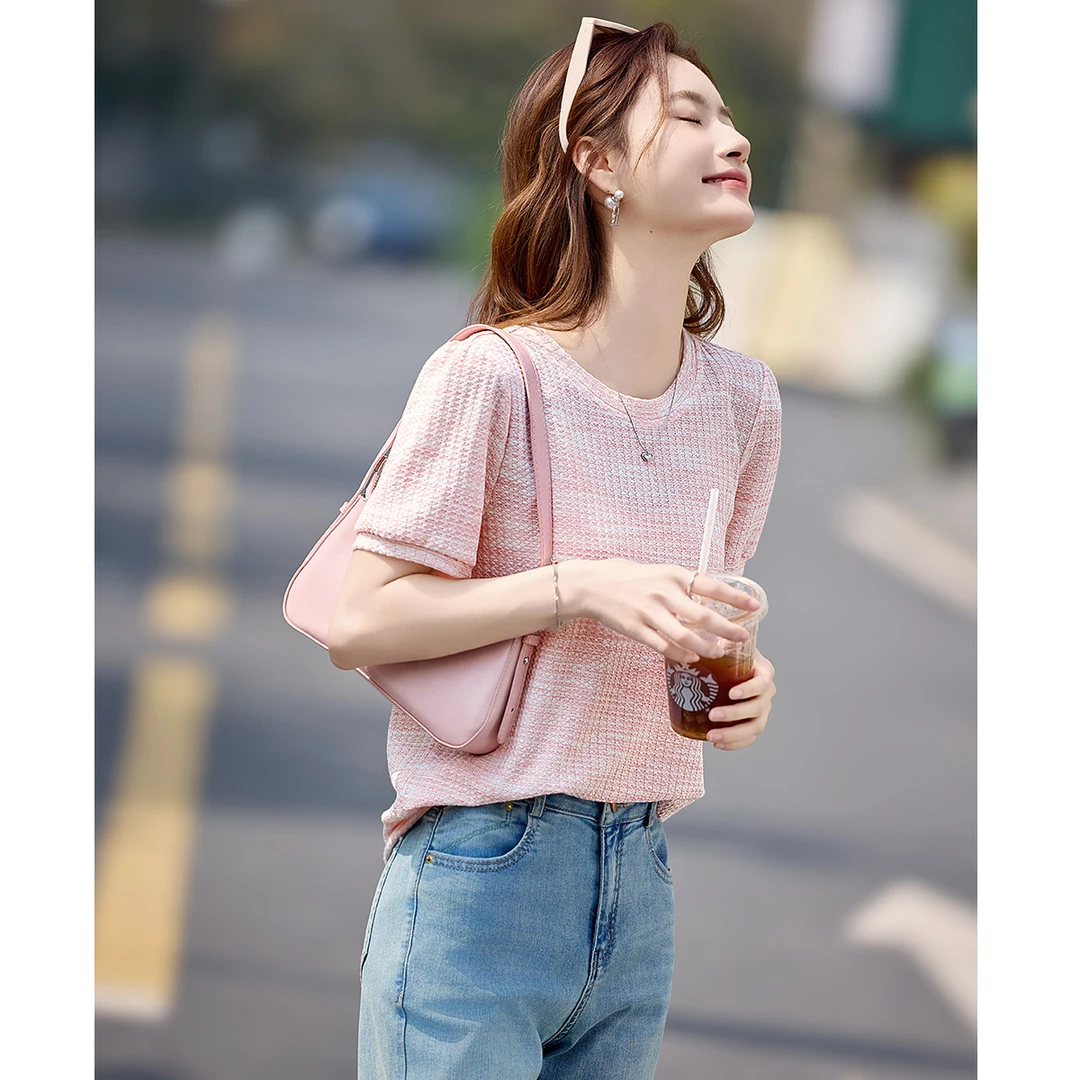 尚静法式优雅浪漫肌理感圆领T恤2025夏季新款时尚休闲甜美百搭