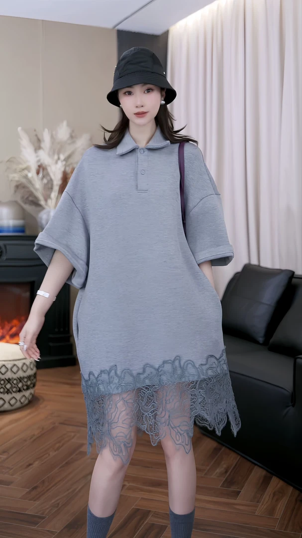 设计师原创新款时尚简约宽松拼接蕾丝花边短袖连衣裙Z252001