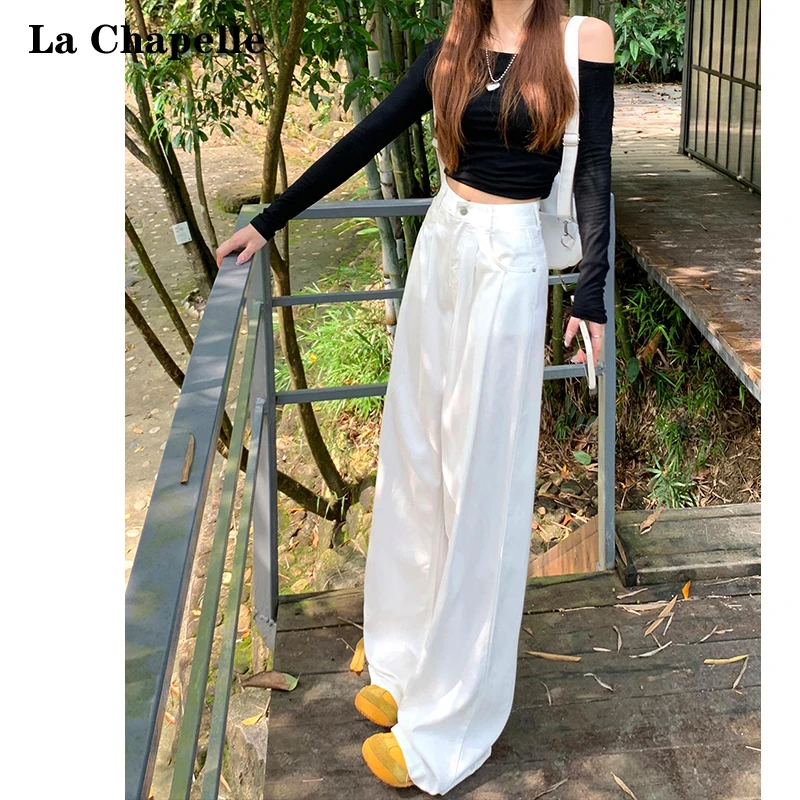 拉夏贝尔白色高腰阔腿牛仔裤女2025春夏新款百搭宽松显瘦直筒裤子