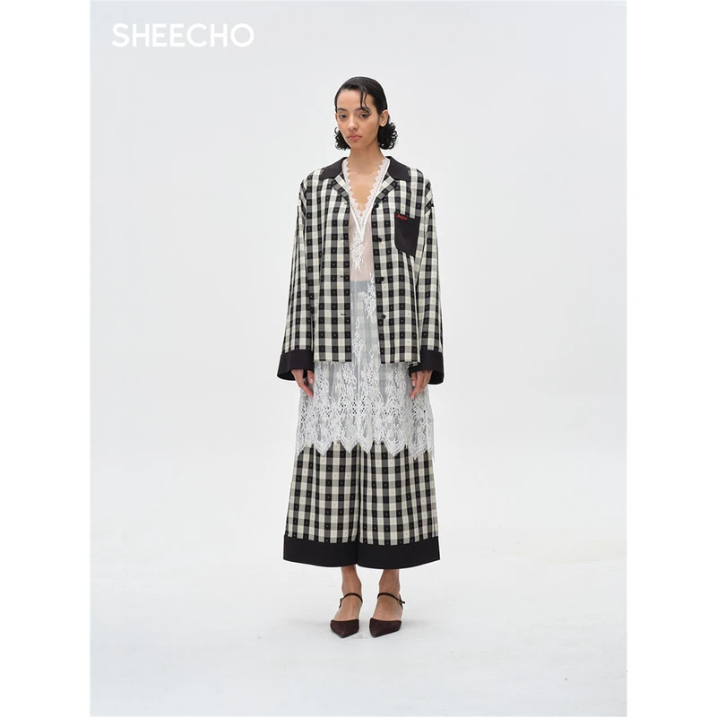ASYUS设计师品牌25PF早秋格纹英伦风拼色口袋衬衫女上衣SHEECHO