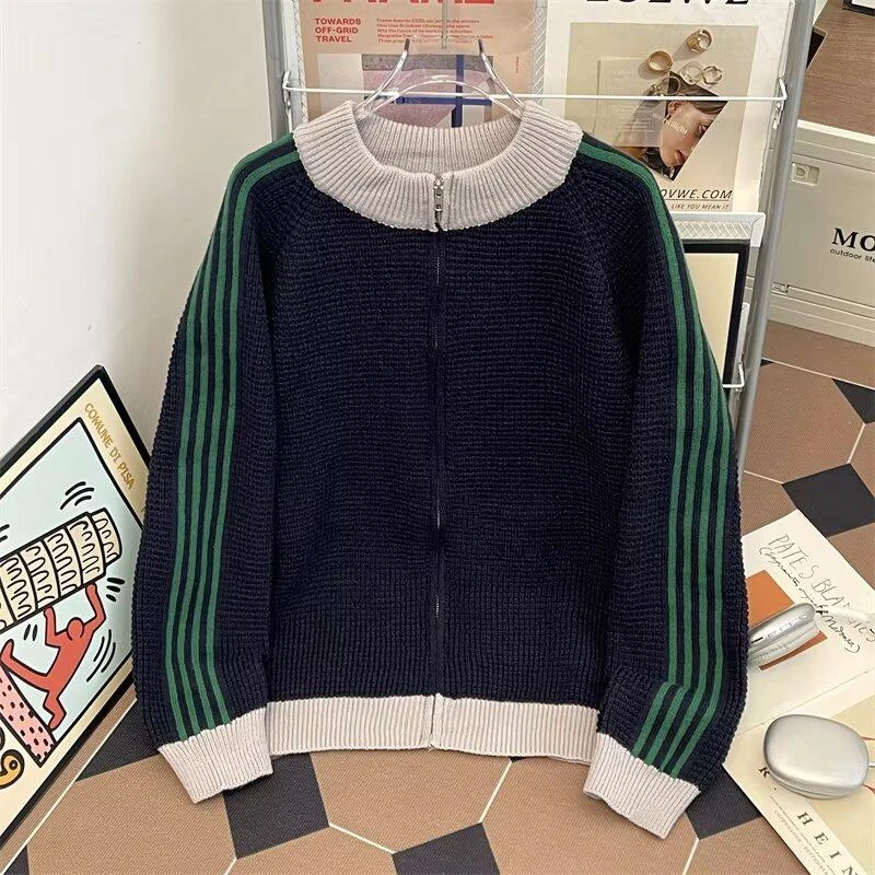 美式复古三条杠撞色条纹立领休闲毛衣春秋设计感拉链开衫针织