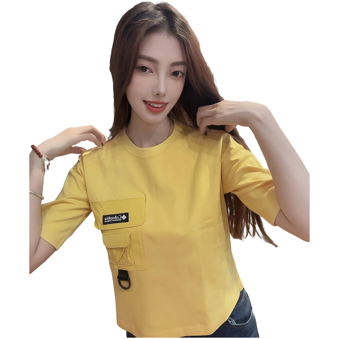户外休闲运动针织棉T恤时尚百搭夏季简约宽松黄色圆领