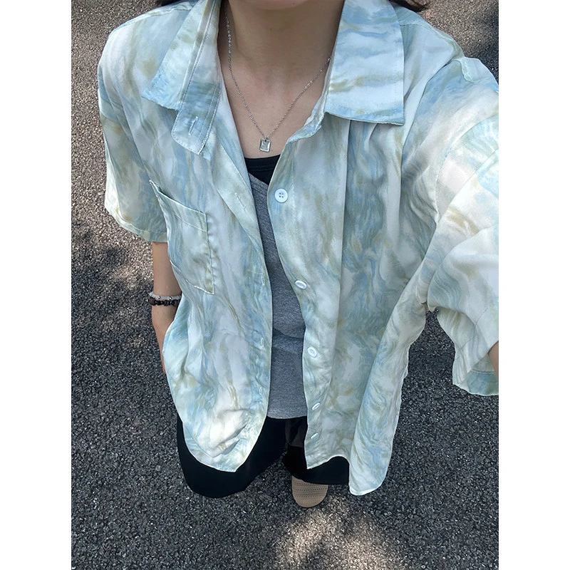 冰丝泼墨晕染短袖衬衫休闲衬衣夏季薄款高级男士凉感透气衬衣男