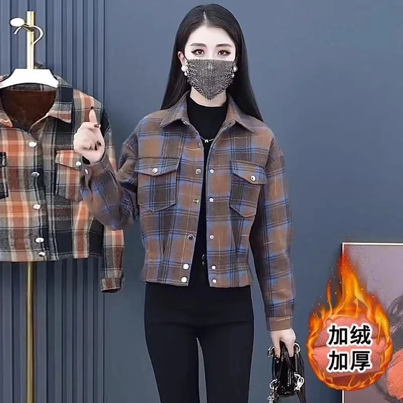 【加绒加厚-1】2025年美拉德穿搭女外套复古格子外套遮肉显瘦