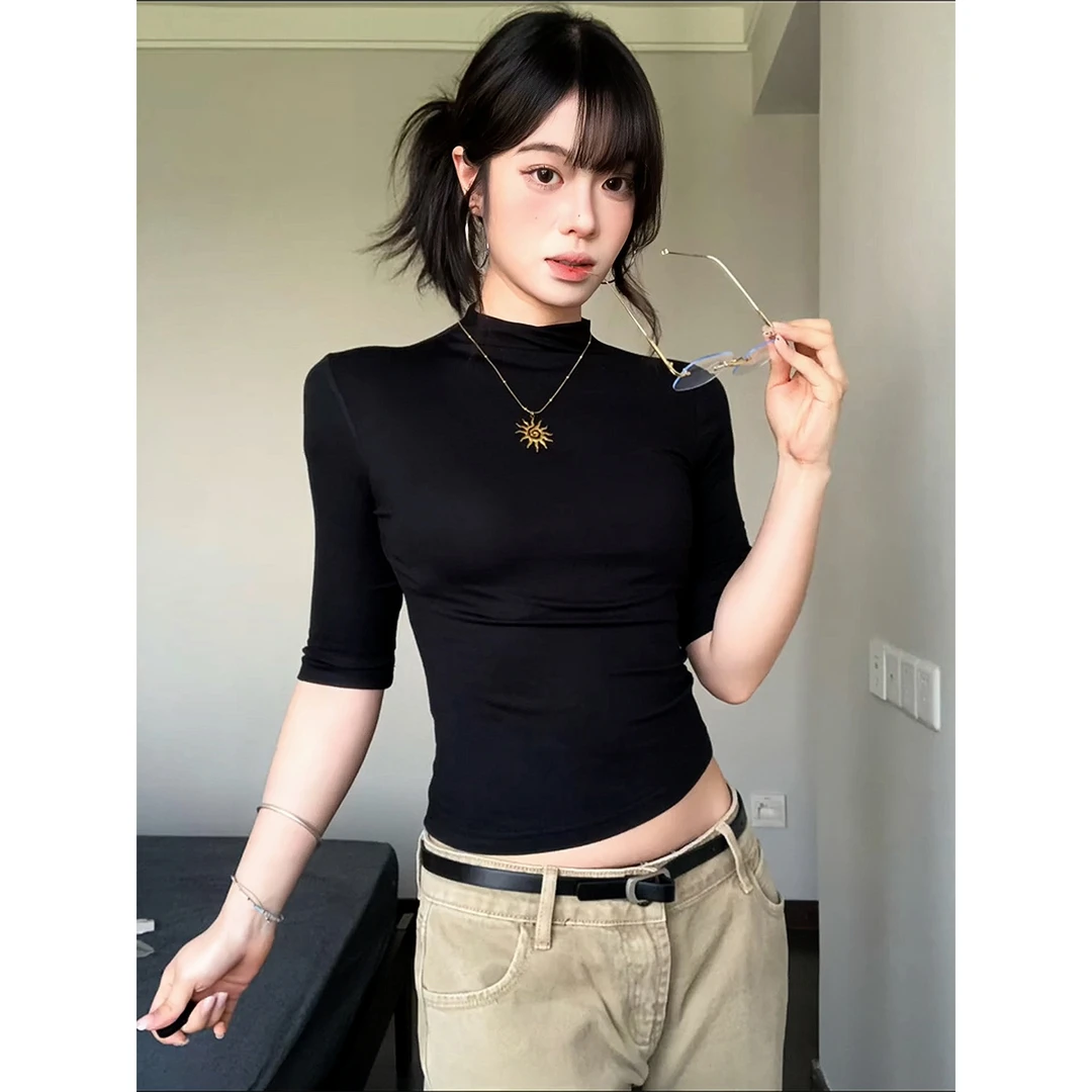 黑色半高领正肩t恤女夏季新款修身轻薄五分短袖辣妹显瘦中袖上衣