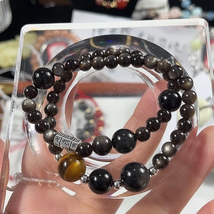 水晶手链合金银曜石双圈