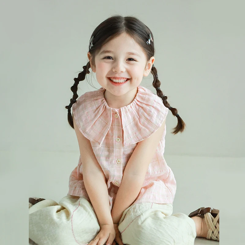 utouto大耳象女童翻领格纹小衫2025夏季新款儿童洋气个性无袖上衣