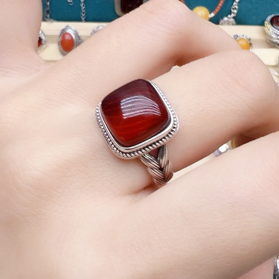 血珀戒指银S925镶嵌天然