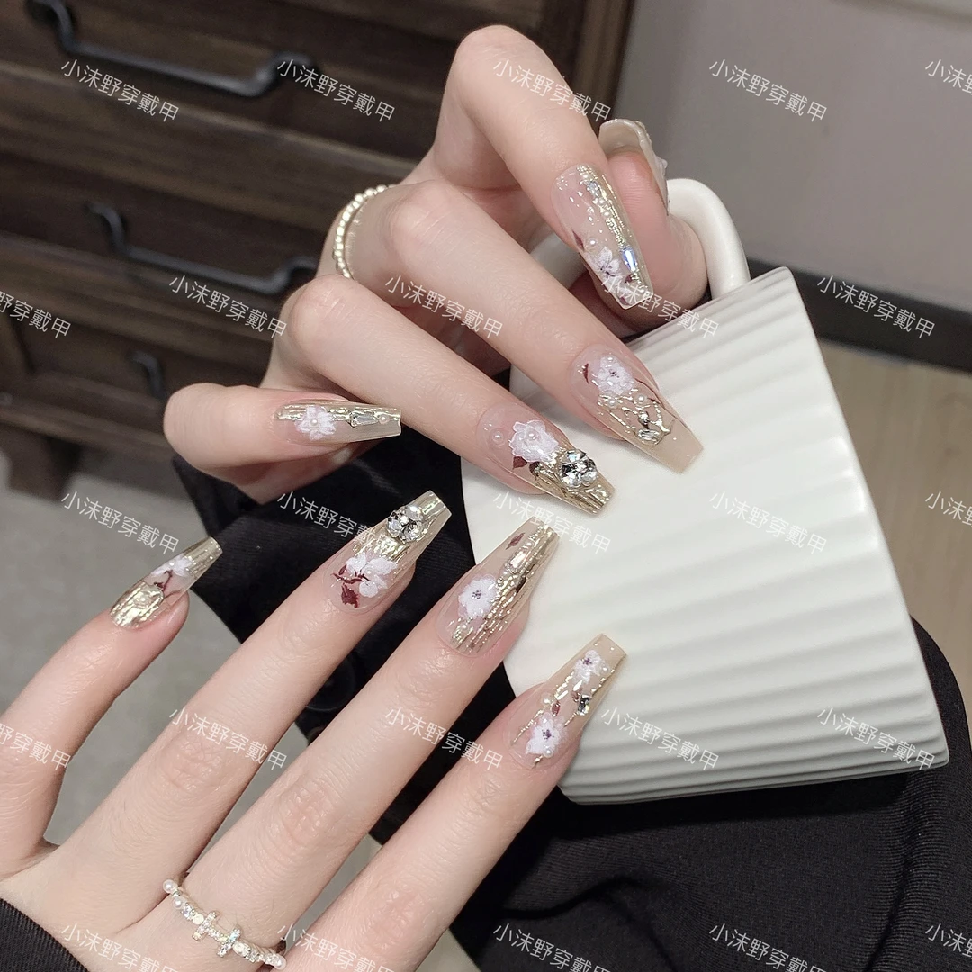 【花蓉】小沫野穿戴甲气质典雅复古金色魔镜粉老钱风高级感美甲~~~~