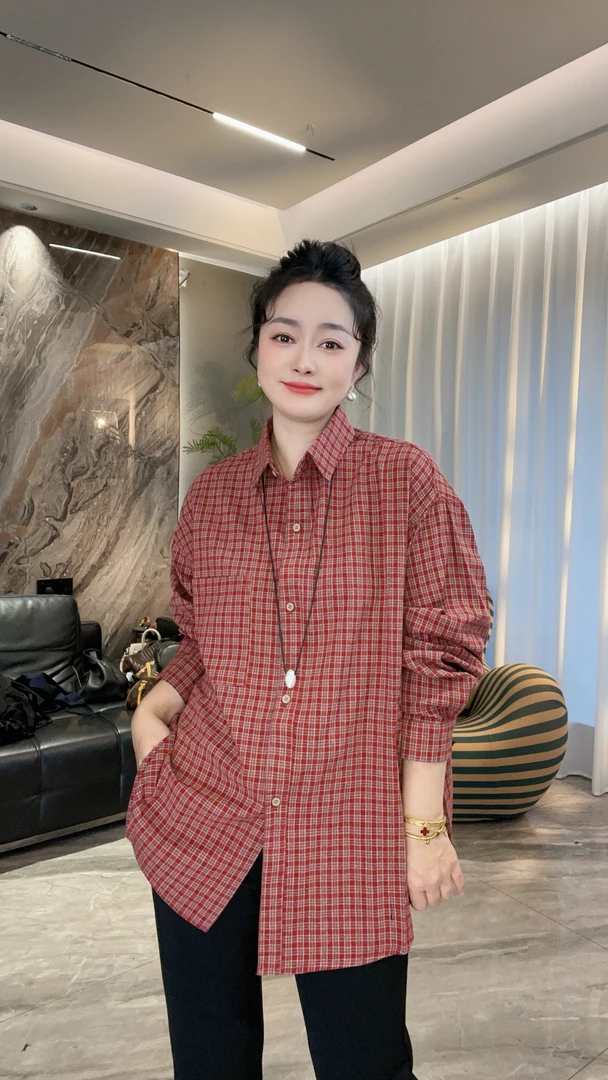 【现货】秋冬新款宽松韩版格子设计感时髦洋气百搭撞色长袖衬衫