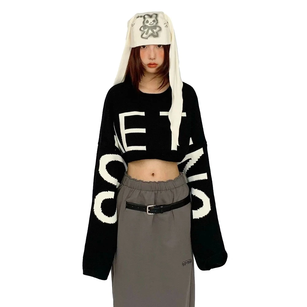 超大袖子提花休闲短款宽松毛衣上衣女 #C1182