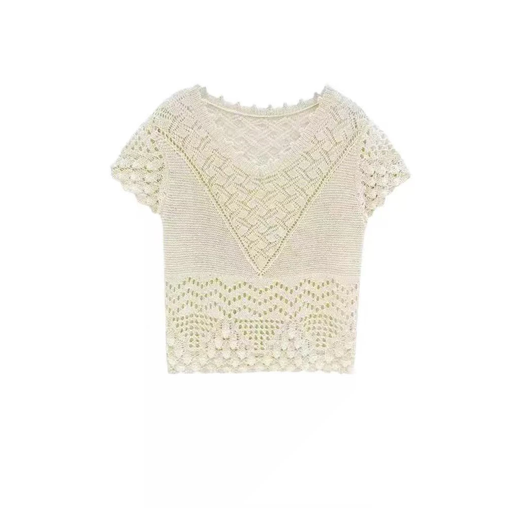 B 门店36&9！波西米亚T恤」钩花镂空/薄款圆领短袖针织上衣女 T4566