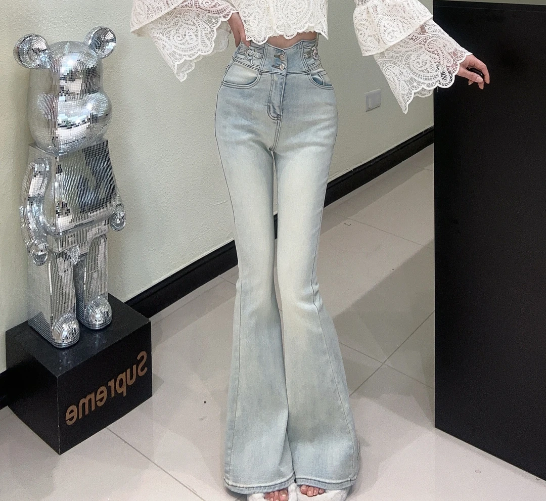 [春歌]春季新款高级感牛仔微喇裤水洗浅色腰上数字5装饰裤子百搭