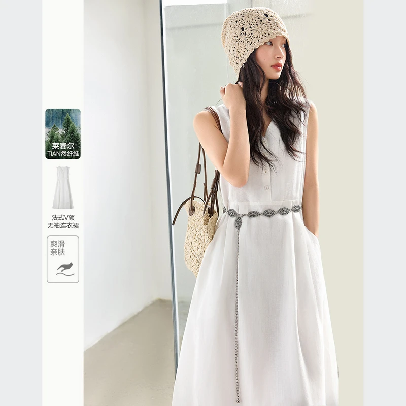*法式V领无袖背心连衣裙女2025夏季新款气质收腰显瘦长裙M9839