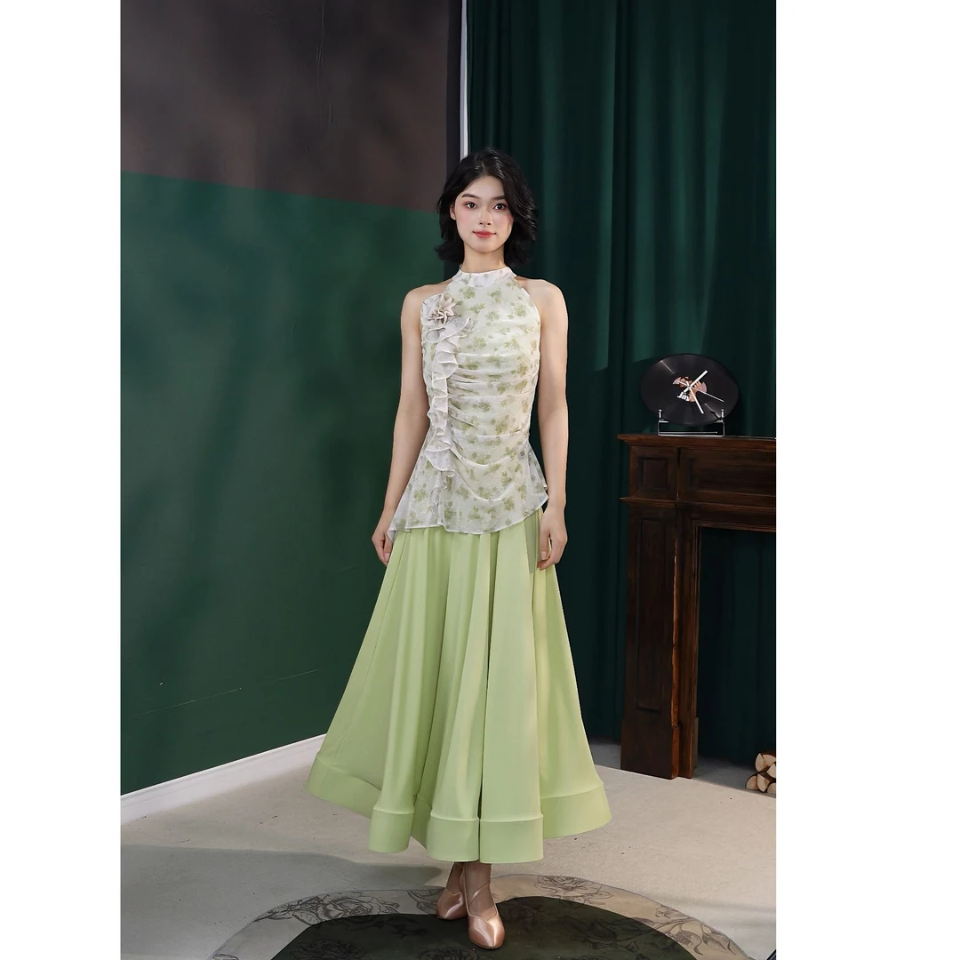 薇拉舞服夏款气质淡绿色显瘦摩登舞连衣裙交谊舞演出服表演裙